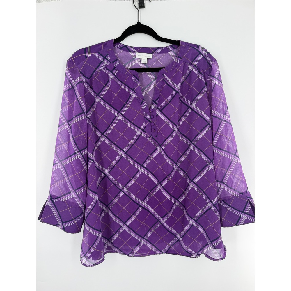 Charter Club Purple Plaid V-Neck 3/4 Sleeve Blouse XL